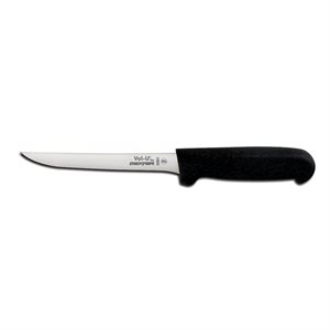 Val-U Boning Knife, 6", stamped, narrow, straight edge, DEXSTEEL™ stain free, high carbon steel, finger guard on handle, polypropylene handle, black, NSF (12 ea / bx)